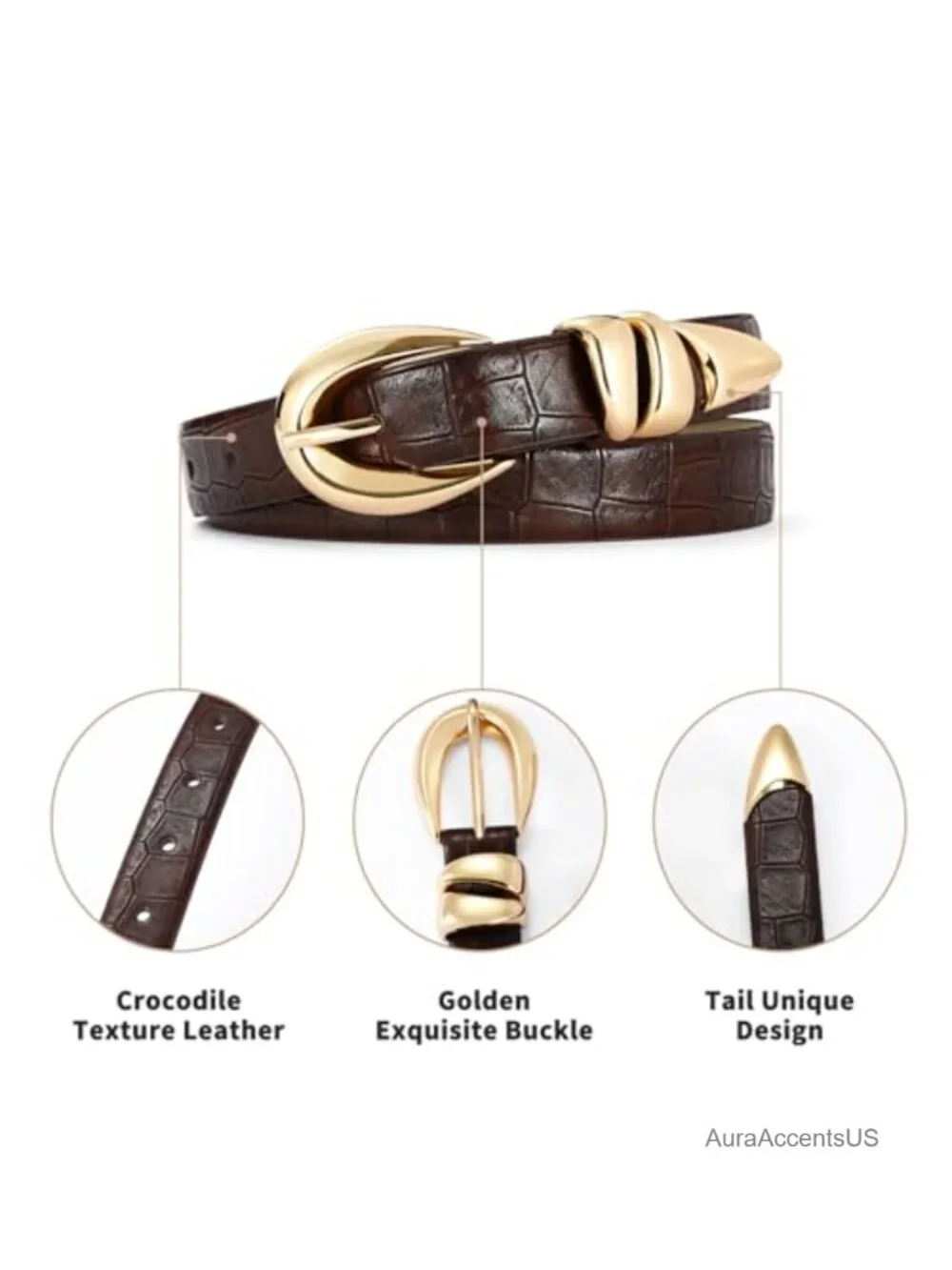Faux Leather Belt with Gold Buckle – Retro Croc Texture, Durable, Versatile for